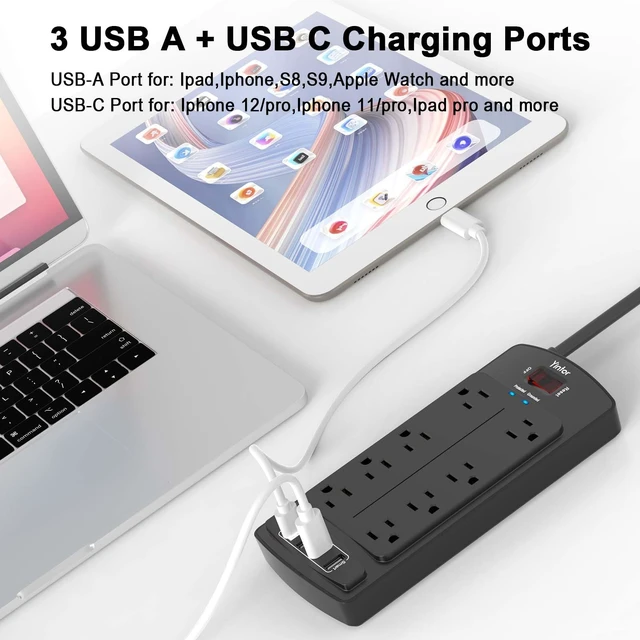 Alt view image 3 of 7 - 6Ft Surge Protector Power Strip with 8 Outlets and 4 USB Ports | 6 Feet Flat Plug Extension Cord with Multiple Outlets for Home, Office, Dorm Essentials, 2700 Joules, ETL, Black