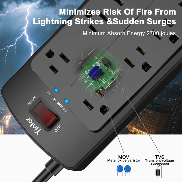 Alt view image 5 of 7 - 6Ft Surge Protector Power Strip with 8 Outlets and 4 USB Ports | 6 Feet Flat Plug Extension Cord with Multiple Outlets for Home, Office, Dorm Essentials, 2700 Joules, ETL, Black