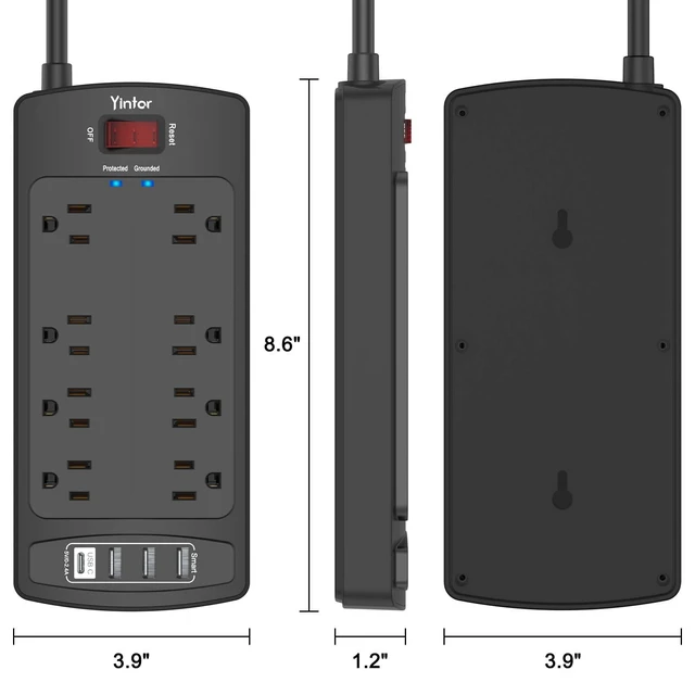 Alt view image 7 of 7 - 6Ft Surge Protector Power Strip with 8 Outlets and 4 USB Ports | 6 Feet Flat Plug Extension Cord with Multiple Outlets for Home, Office, Dorm Essentials, 2700 Joules, ETL, Black