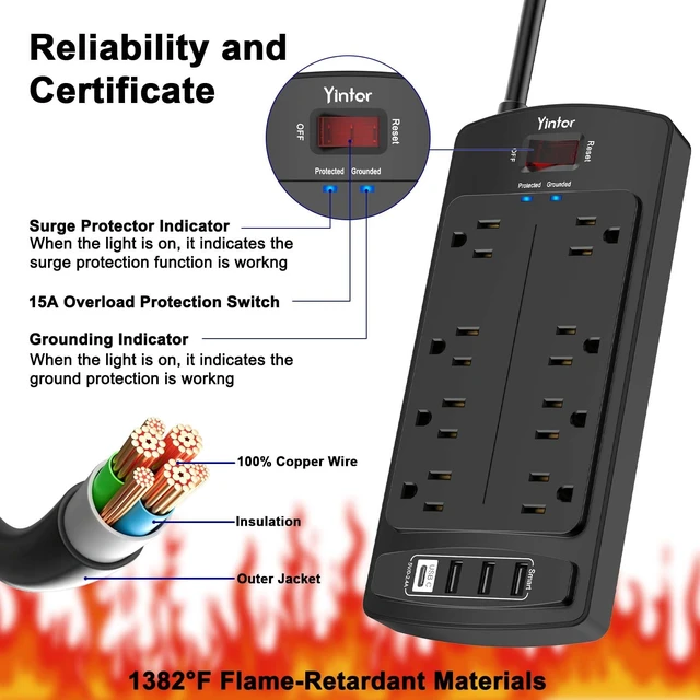 Alt view image 6 of 7 - 6Ft Surge Protector Power Strip with 8 Outlets and 4 USB Ports | 6 Feet Flat Plug Extension Cord with Multiple Outlets for Home, Office, Dorm Essentials, 2700 Joules, ETL, Black