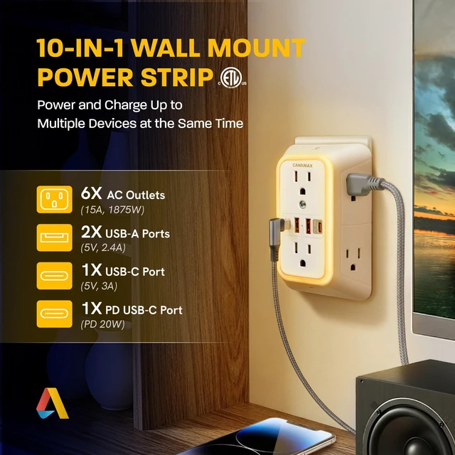 Alt view image 2 of 7 - Multi Plug Wall Outlet Extender - 6 Outlet 4 USB Ports (20W Fast Charging) | Smart Night Light, 3-Sided 1050J Surge Protector Power Strip for Home, Office, Dorm Room Essentials, ETL Listed