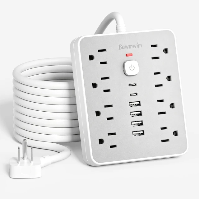 Main image of 6FT Flat Plug Surge Protector Power Strip Extension Cord with 8 AC&6 USB | 6FT Extension Cord Power Strip with 8 Outlets(1850W/15A/14AWG)&6 USB Ports(2 USB C),2400J surge protection,ETL,Gray