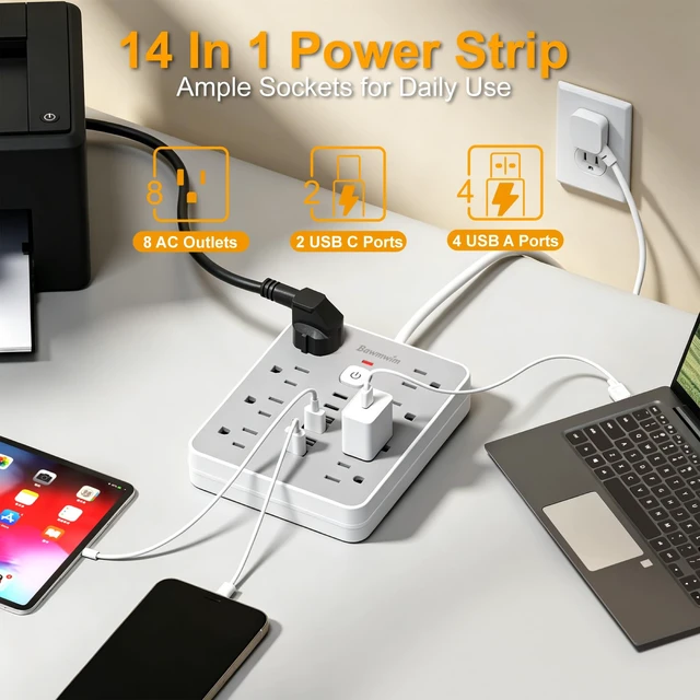 Alt view image 2 of 7 - 6FT Flat Plug Surge Protector Power Strip Extension Cord with 8 AC&6 USB | 6FT Extension Cord Power Strip with 8 Outlets(1850W/15A/14AWG)&6 USB Ports(2 USB C),2400J surge protection,ETL,Gray