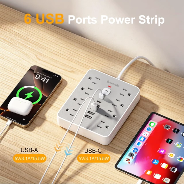 Alt view image 3 of 7 - 6FT Flat Plug Surge Protector Power Strip Extension Cord with 8 AC&6 USB | 6FT Extension Cord Power Strip with 8 Outlets(1850W/15A/14AWG)&6 USB Ports(2 USB C),2400J surge protection,ETL,Gray