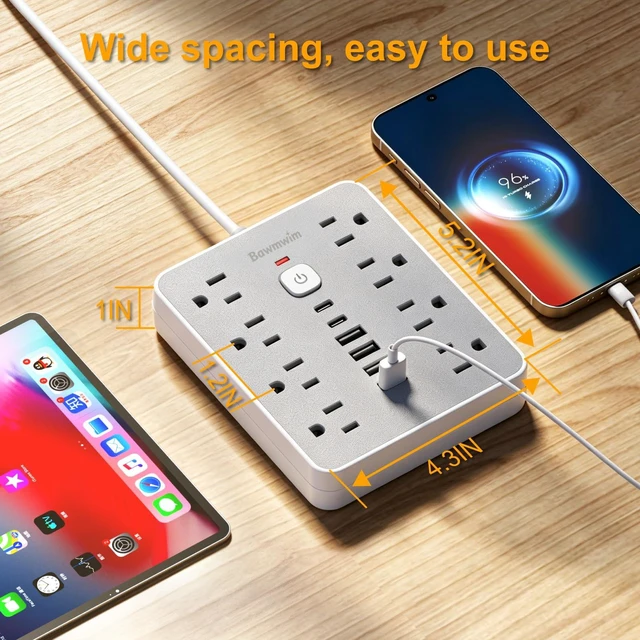 Alt view image 4 of 7 - 6FT Flat Plug Surge Protector Power Strip Extension Cord with 8 AC&6 USB | 6FT Extension Cord Power Strip with 8 Outlets(1850W/15A/14AWG)&6 USB Ports(2 USB C),2400J surge protection,ETL,Gray