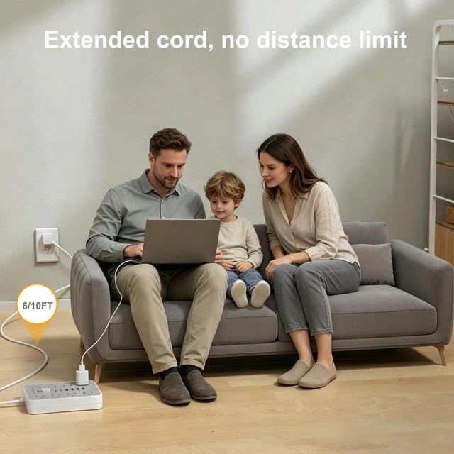 Alt view image 7 of 7 - 6FT Flat Plug Surge Protector Power Strip Extension Cord with 8 AC&6 USB | 6FT Extension Cord Power Strip with 8 Outlets(1850W/15A/14AWG)&6 USB Ports(2 USB C),2400J surge protection,ETL,Gray