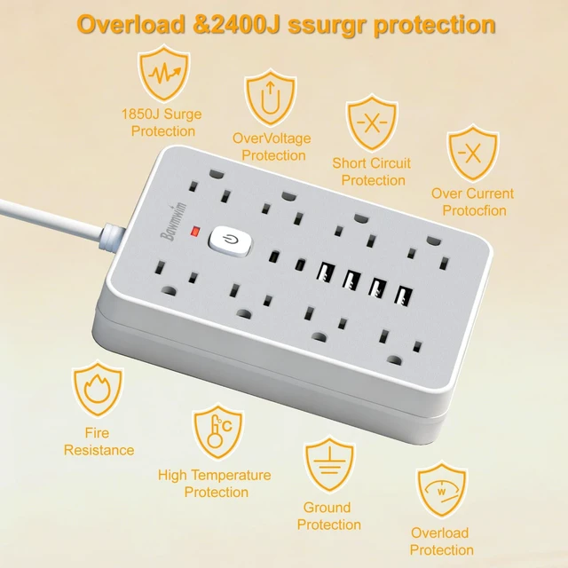 Alt view image 6 of 7 - 6FT Flat Plug Surge Protector Power Strip Extension Cord with 8 AC&6 USB | 6FT Extension Cord Power Strip with 8 Outlets(1850W/15A/14AWG)&6 USB Ports(2 USB C),2400J surge protection,ETL,Gray