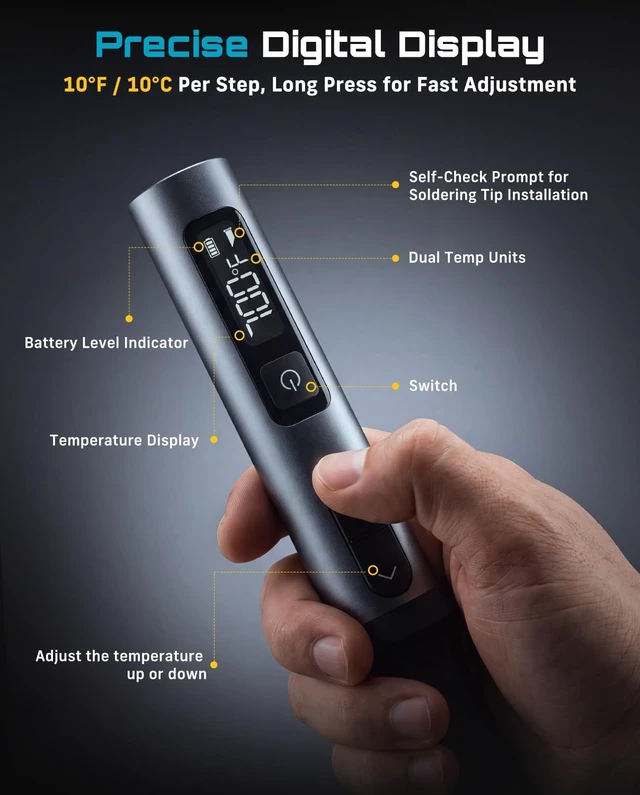 Alt view image 4 of 7 - S01 16W Cordless Soldering Iron Kit, 2600mAh Battery, Foldable Stand | 7s Fast Heating(390-840), 10 Step Adjust, Protective Cap, Portable 16W Soldering Pen for Electronics Repair, DIY & PCB