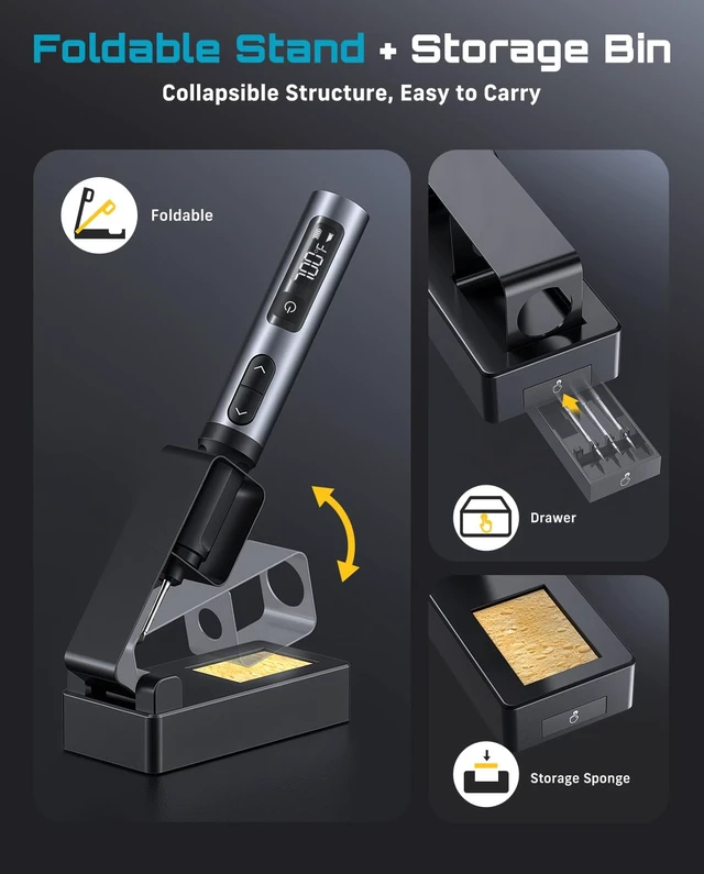 Alt view image 5 of 7 - S01 16W Cordless Soldering Iron Kit, 2600mAh Battery, Foldable Stand | 7s Fast Heating(390-840), 10 Step Adjust, Protective Cap, Portable 16W Soldering Pen for Electronics Repair, DIY & PCB