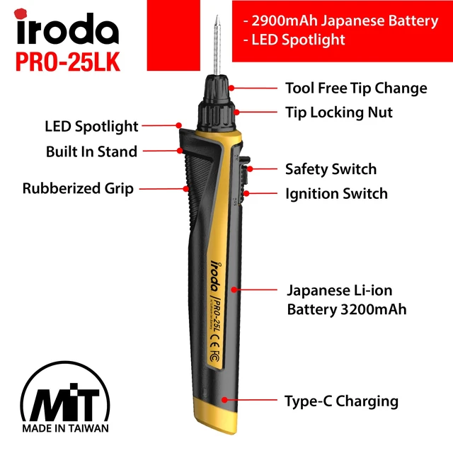 Alt view image 2 of 7 - SolderPro 25LK Battery Soldering Iron Kit, Pro Grade 30W Type C USB Rechargeable Soldering Iron | 3200mAh Japanese Battery | LED Spotlight, With 3 Tips & Case