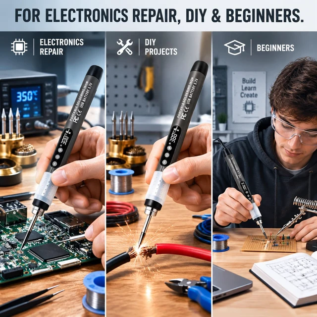 Alt view image 3 of 7 - Soldering Iron Kit, Cordless USB-C Rechargeable, LED Display | Digital Temp Control, 5 Levels, 26s Fast Heat, Pass-Through Charging, 12-in-1 Kit, LED Display
