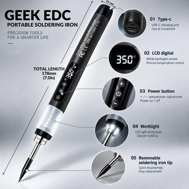 Alt view image 6 of 7 - Soldering Iron Kit, Cordless USB-C Rechargeable, LED Display | Digital Temp Control, 5 Levels, 26s Fast Heat, Pass-Through Charging, 12-in-1 Kit, LED Display