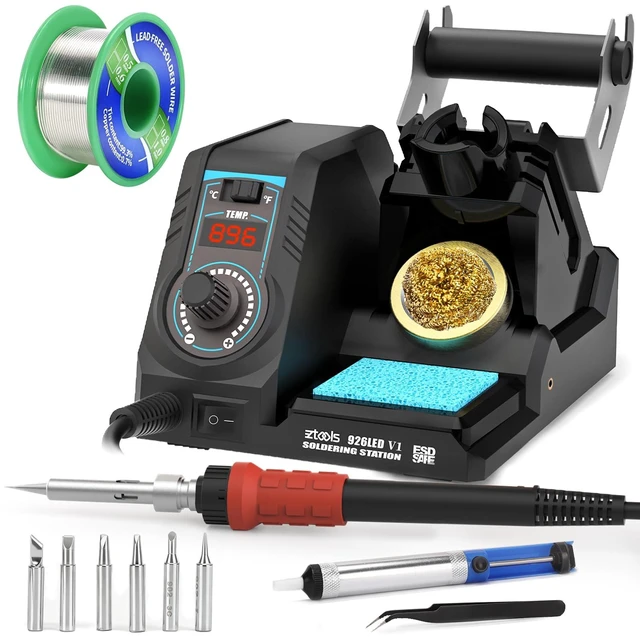 Main image of 110W High-Power Compact Soldering Iron Station Kit w Temp Control | 110w fast-heating, space-saving integrated soldering station w iron holder, solder wire dispenser, sponge & brass tip cleaner