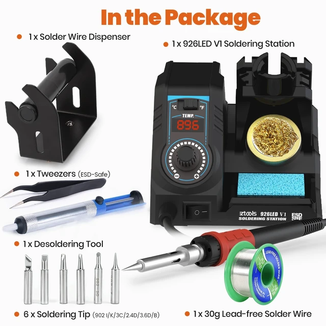 Alt view image 5 of 7 - 110W High-Power Compact Soldering Iron Station Kit w Temp Control | 110w fast-heating, space-saving integrated soldering station w iron holder, solder wire dispenser, sponge & brass tip cleaner