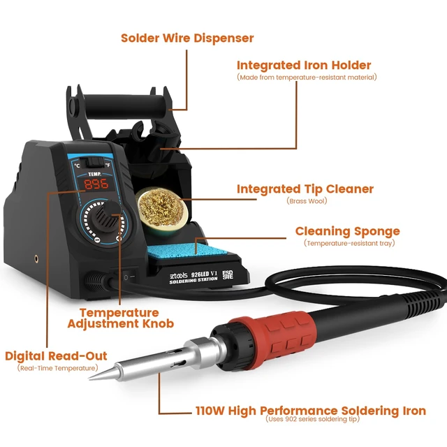 Alt view image 3 of 7 - 110W High-Power Compact Soldering Iron Station Kit w Temp Control | 110w fast-heating, space-saving integrated soldering station w iron holder, solder wire dispenser, sponge & brass tip cleaner