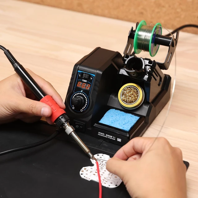 Alt view image 7 of 7 - 110W High-Power Compact Soldering Iron Station Kit w Temp Control | 110w fast-heating, space-saving integrated soldering station w iron holder, solder wire dispenser, sponge & brass tip cleaner