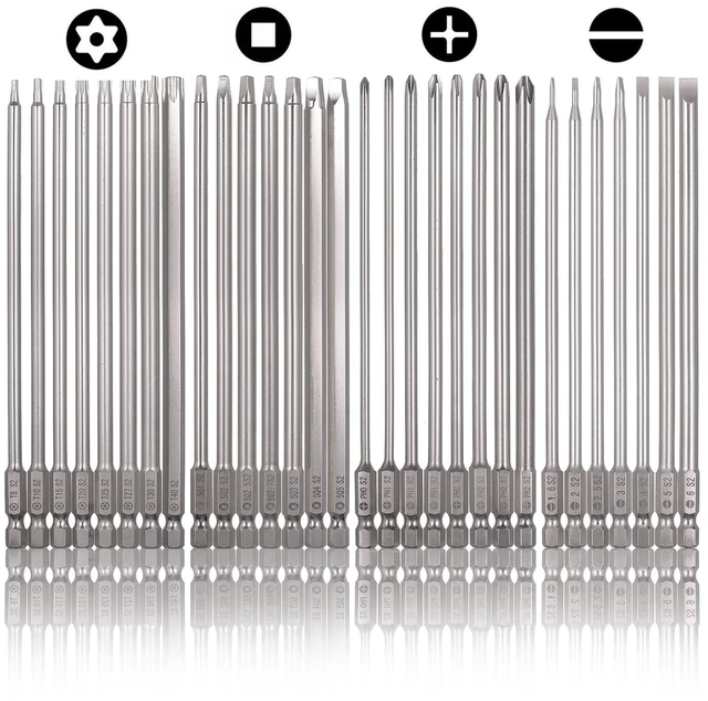 Main image of 30 Pcs Long Screwdriver Bits for Drill Set, 1/4 Inch Hex Shank S2 Steel Magnetic 4 Inch Long Drill Bits with Storage Box(Slotted+Cross+Square +Torx)