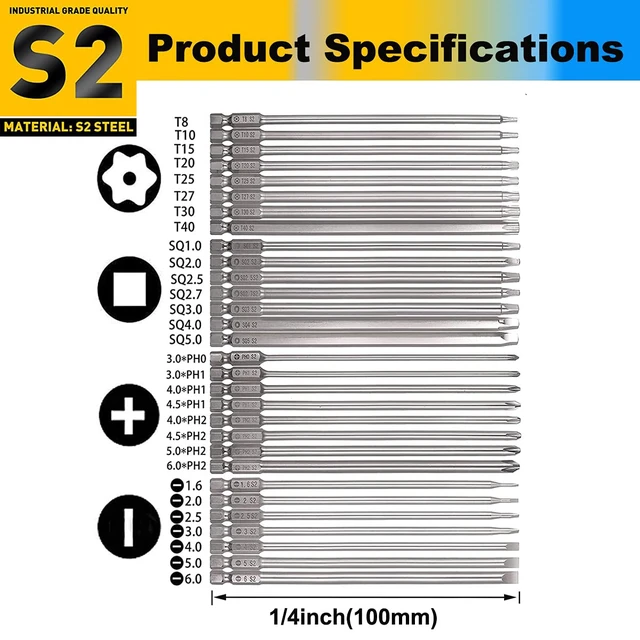 Alt view image 2 of 7 - 30 Pcs Long Screwdriver Bits for Drill Set, 1/4 Inch Hex Shank S2 Steel Magnetic 4 Inch Long Drill Bits with Storage Box(Slotted+Cross+Square +Torx)