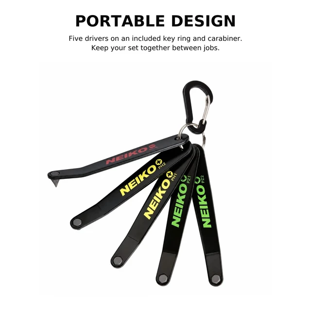 Alt view image 2 of 7 - Low Profile Offset Screwdriver Set, 5 Pc Phillips, Pozidriv & Slotted | Right Angle Phillips & Pozidriv Screwdrivers for Tight Spaces, 3mm Body, 10mm Bit Depth, S2 Steel, Carabiner Clip