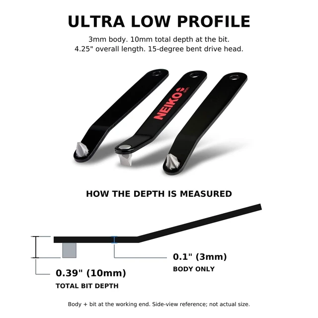 Alt view image 3 of 7 - Low Profile Offset Screwdriver Set, 5 Pc Phillips, Pozidriv & Slotted | Right Angle Phillips & Pozidriv Screwdrivers for Tight Spaces, 3mm Body, 10mm Bit Depth, S2 Steel, Carabiner Clip