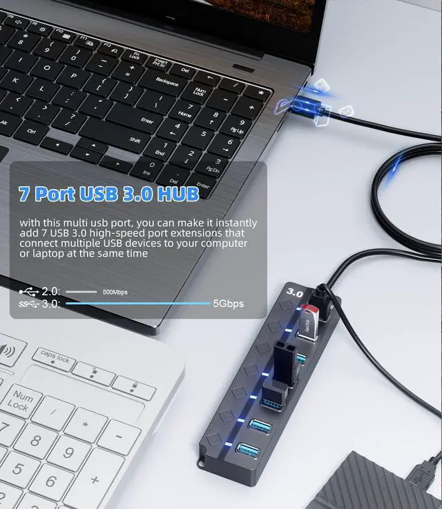 Alt view image 10 of 14 - USB 3.0 Hub 7-Port USB Data Hub Splitter with 3ft Long Cable USB Extension for Laptop PC Computer Surface Pro PS4/5 Flash Drive Mobile HDD - with LED Individual On/Off