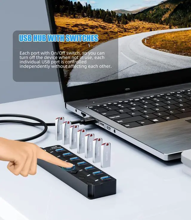 Alt view image 11 of 14 - USB 3.0 Hub 7-Port USB Data Hub Splitter with 3ft Long Cable USB Extension for Laptop PC Computer Surface Pro PS4/5 Flash Drive Mobile HDD - with LED Individual On/Off