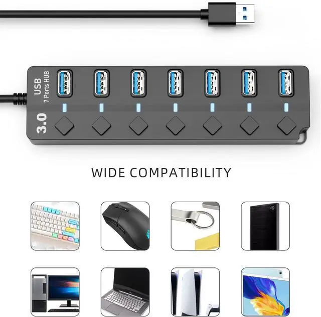 Alt view image 14 of 14 - USB 3.0 Hub 7-Port USB Data Hub Splitter with 3ft Long Cable USB Extension for Laptop PC Computer Surface Pro PS4/5 Flash Drive Mobile HDD - with LED Individual On/Off