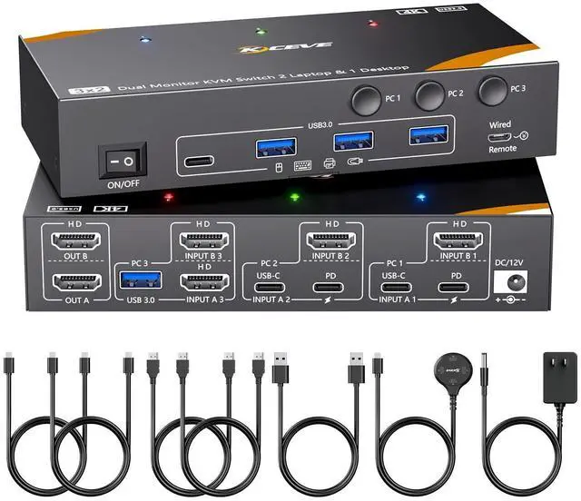 Main image of KCEVE KVM Switch 2 Monitors 3 Computers USB C, USB 3.0 KVM Switch Dual Monitor HDMI for 2 Laptops 1 Desktop Share 4 USB 3.0 Device Keyboard, Mouse, 85W PD, 4K@60Hz, Power Adapter and Wired Remote