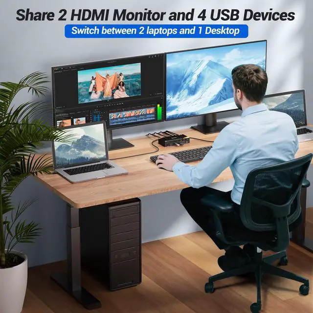 Alt view image 2 of 5 - KCEVE KVM Switch 2 Monitors 3 Computers USB C, USB 3.0 KVM Switch Dual Monitor HDMI for 2 Laptops 1 Desktop Share 4 USB 3.0 Device Keyboard, Mouse, 85W PD, 4K@60Hz, Power Adapter and Wired Remote