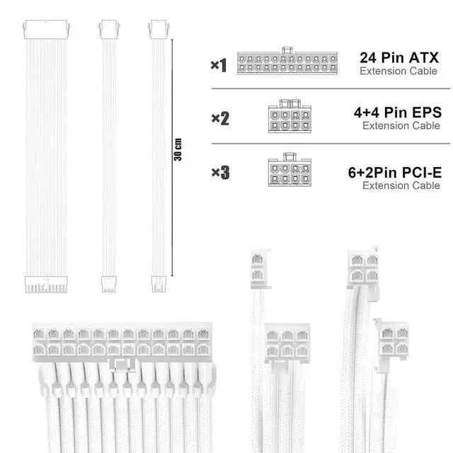 Alt view image 2 of 5 - WRIARICH PSU Cable Extension Kit 30CM Length with Combs,1x24Pin/2x8Pin(4+4) EPS/3x8Pin(6P+2P) PCI-E/PC Sleeved for ATX Power Supply,White, All-White