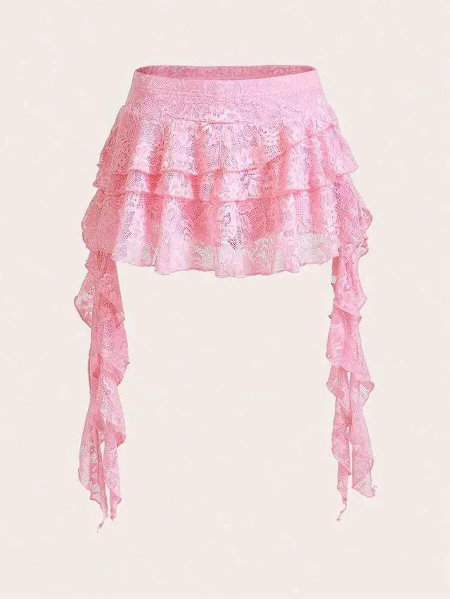 Main image of Pink Lace Ruffle Tiered Mini Skirt With Safety Shorts