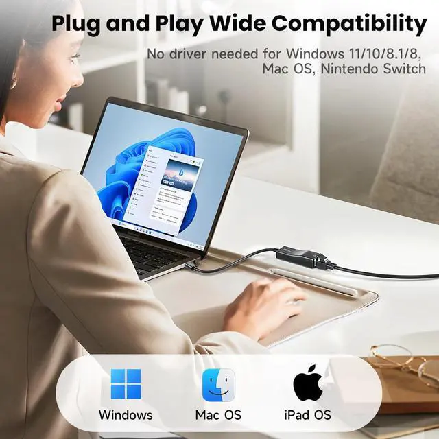 Alt view image 3 of 7 - Toocki USB 2.0/Type-C Ethernet Adapter Bicolor LED Indicator 100Mbps RJ45 Lan Network Card for Win 11/10 Mac iPad OS Driver Free