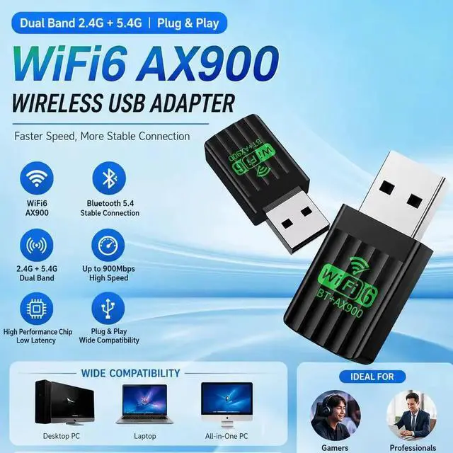 Alt view image 2 of 6 - WiFi6 AX900 USB Wireless Adapter Dual Band 2.4G& 5.4G Bluetooth 5.4 WiFi Receiver for Desktop Laptop Compatible Windows 10/11