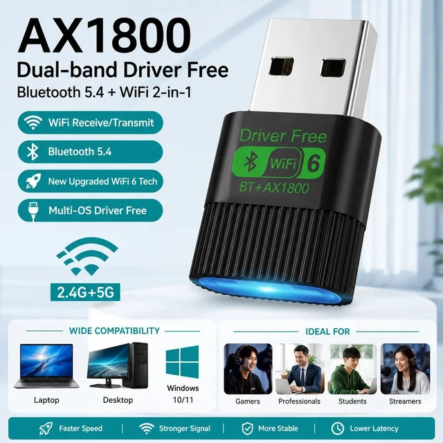 Main image of Black AX1800 WiFi6 2-in-1 USB WiFi Bluetooth Adapter Dual Band 2.4G 5G for Windows 10/11 PC Laptop WIFI6BT-AX1800 WIFI6-AX01-black-5D4KH