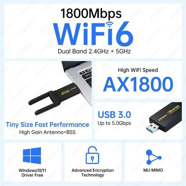 Alt view image 2 of 7 - WiFi 6 AX1800 USB3.0 Adapter Dual Band 2.4G/5Ghz Wireless WiFi Dongle Network Card WiFi6 USB Receiver For Laptop PC Windows10/11