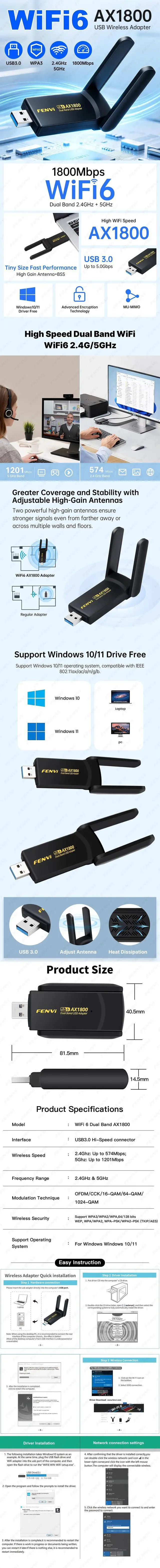 Alt view image 7 of 7 - WiFi 6 AX1800 USB3.0 Adapter Dual Band 2.4G/5Ghz Wireless WiFi Dongle Network Card WiFi6 USB Receiver For Laptop PC Windows10/11