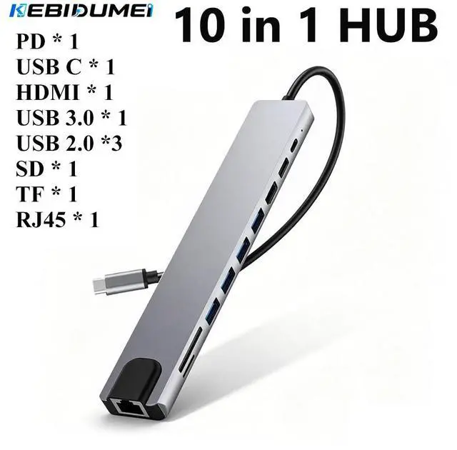 Main image of KEBIDUMEI 10 Port USB 3.0 HUB USB C To HDMI-Compatible Adapter RJ45 100Mbps 100W Reader Card Multi-Port USB Splitter For Laptop