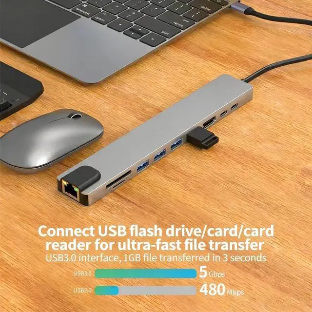 Alt view image 2 of 7 - KEBIDUMEI 10 Port USB 3.0 HUB USB C To HDMI-Compatible Adapter RJ45 100Mbps 100W Reader Card Multi-Port USB Splitter For Laptop