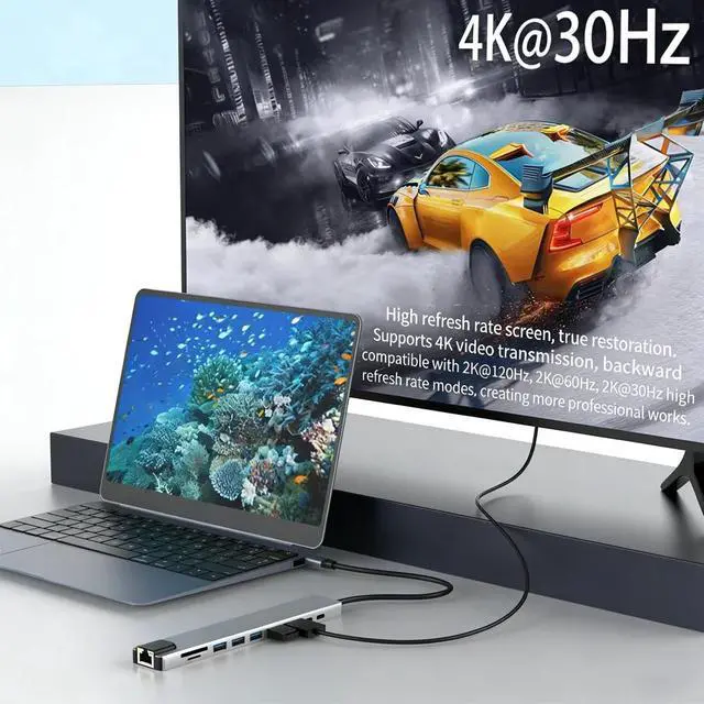 Alt view image 3 of 7 - KEBIDUMEI 10 Port USB 3.0 HUB USB C To HDMI-Compatible Adapter RJ45 100Mbps 100W Reader Card Multi-Port USB Splitter For Laptop