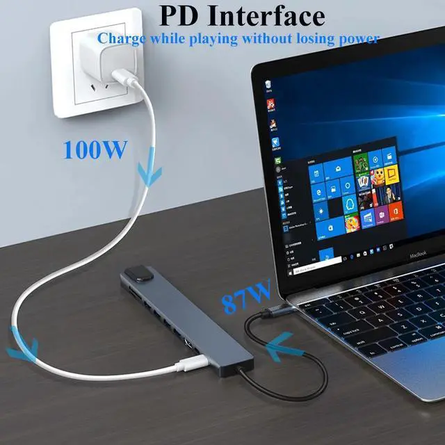 Alt view image 4 of 7 - KEBIDUMEI 10 Port USB 3.0 HUB USB C To HDMI-Compatible Adapter RJ45 100Mbps 100W Reader Card Multi-Port USB Splitter For Laptop
