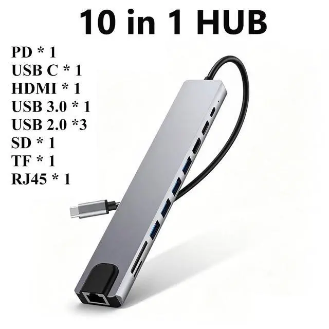 Alt view image 7 of 7 - KEBIDUMEI 10 Port USB 3.0 HUB USB C To HDMI-Compatible Adapter RJ45 100Mbps 100W Reader Card Multi-Port USB Splitter For Laptop