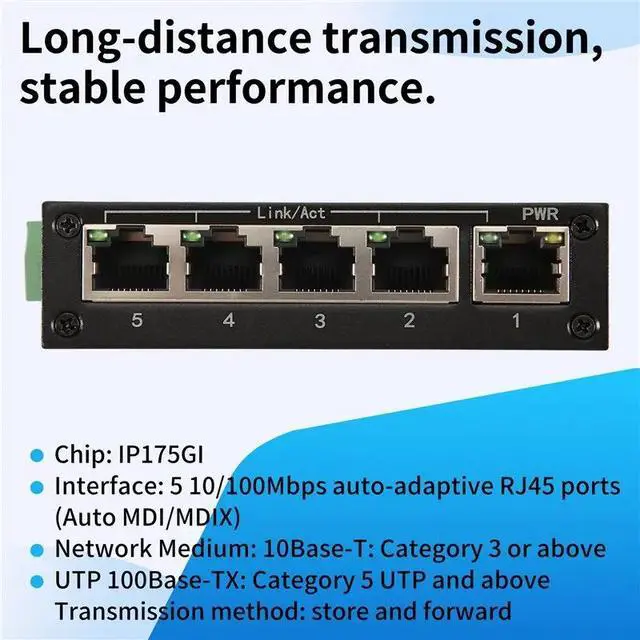 Alt view image 3 of 6 - AB97-5 Port 100Mbps Network Switch Ethernet Industrial Grade Switch Unmanaged Rail Type Industrial Network Splitter