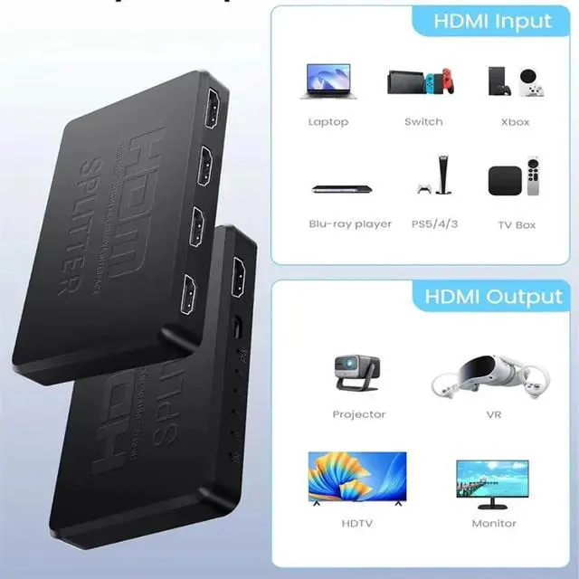 Alt view image 5 of 7 - Black 4K HDMI Splitter 1 in 4 out 1080P 3D HD Video Switcher for Xbox PS4 DVD PC Laptop HDTV LCD HDMI4K01 HDMI4-CJ01-black-KEGPS