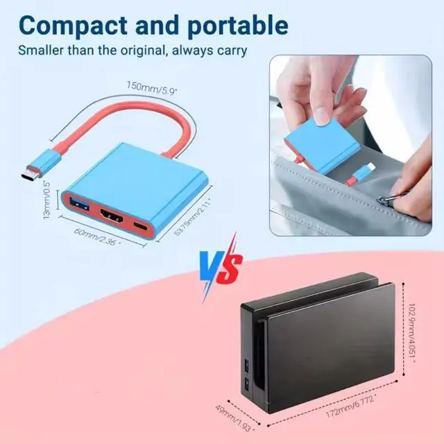 Alt view image 6 of 7 - Option 1 Portable 3-in-1 USB Hub for Nintendo Switch Docking Station Type-C with HDMI and USB 3.0, Perfect for Nintendo Switch/OLED USBHU-0101-Option1-NURWS