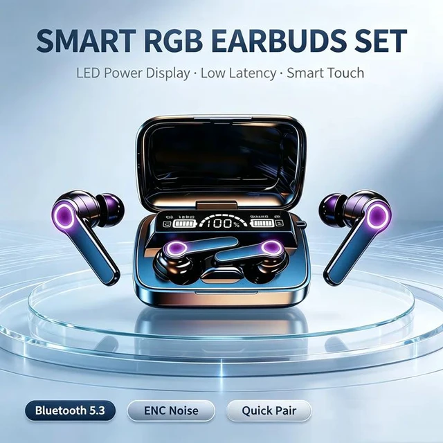 Alt view image 2 of 7 - TWS Earphone M19 Intelligent Touch Control Wireless Bluetooth Headphones Waterproof LED Display With Mic M19-01 Black M19XX-0101-black-NBE9E