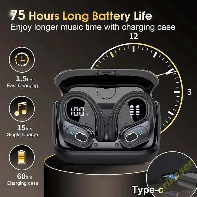 Alt view image 2 of 7 - Black Earbuds 75hrs Sport Headphones with Noise Cancelling Mic IPX7 Waterproof Earphone for Workout/Running, Hi-Fi Deep Bass Stereo BT53-75IP Bluetooth 5.3 Wireless BT53X-7502-black-W6BBH