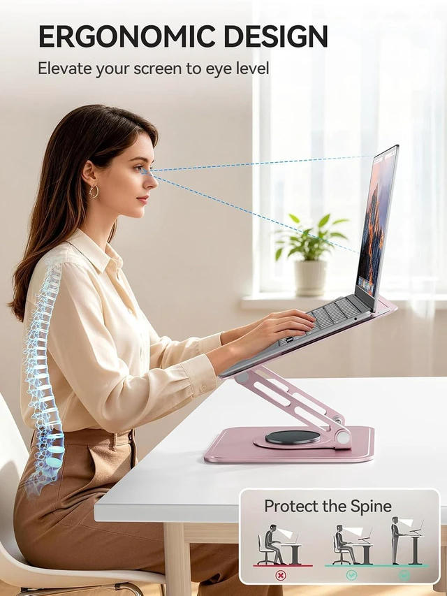 Alt view image 2 of 7 - Pink Stand, 360° Rotating Base, Ergonomic Riser for MacBook Pro Air, 10-15.6" Laptops, Aluminum Tongtool Adjustable Laptop TONGT-1002-Pink-K34UF