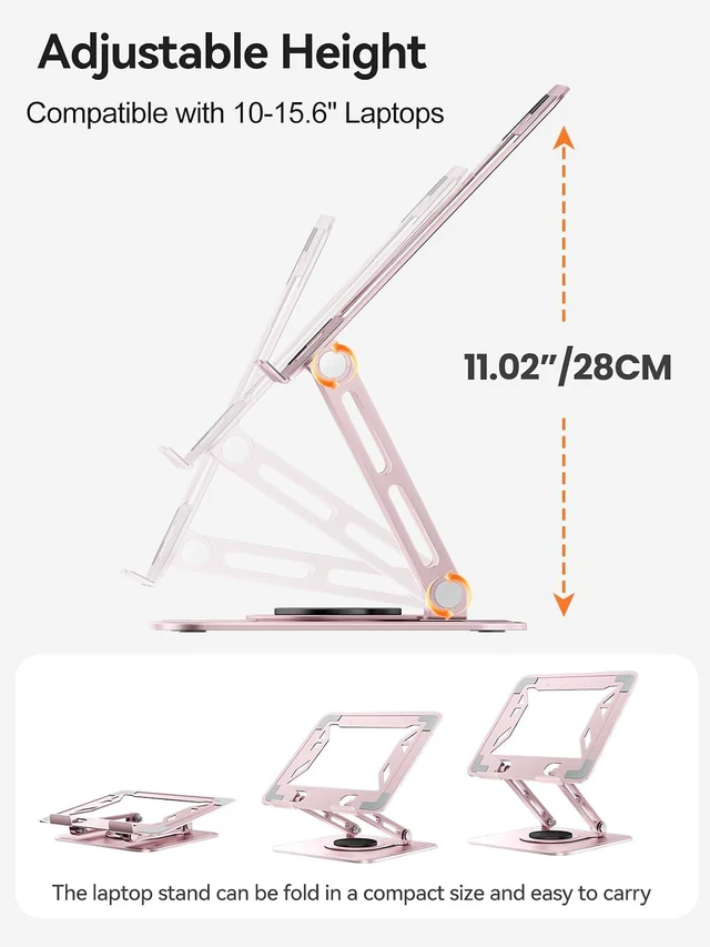 Alt view image 4 of 7 - Pink Stand, 360° Rotating Base, Ergonomic Riser for MacBook Pro Air, 10-15.6" Laptops, Aluminum Tongtool Adjustable Laptop TONGT-1002-Pink-K34UF