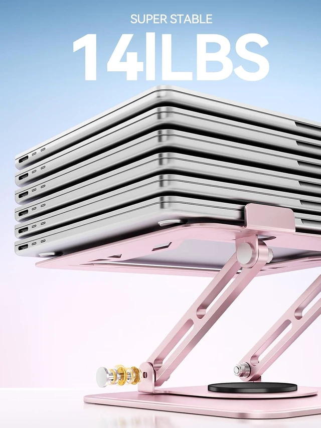 Alt view image 5 of 7 - Pink Stand, 360° Rotating Base, Ergonomic Riser for MacBook Pro Air, 10-15.6" Laptops, Aluminum Tongtool Adjustable Laptop TONGT-1002-Pink-K34UF