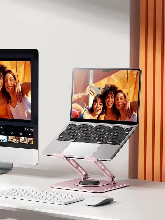 Alt view image 7 of 7 - Pink Stand, 360° Rotating Base, Ergonomic Riser for MacBook Pro Air, 10-15.6" Laptops, Aluminum Tongtool Adjustable Laptop TONGT-1002-Pink-K34UF